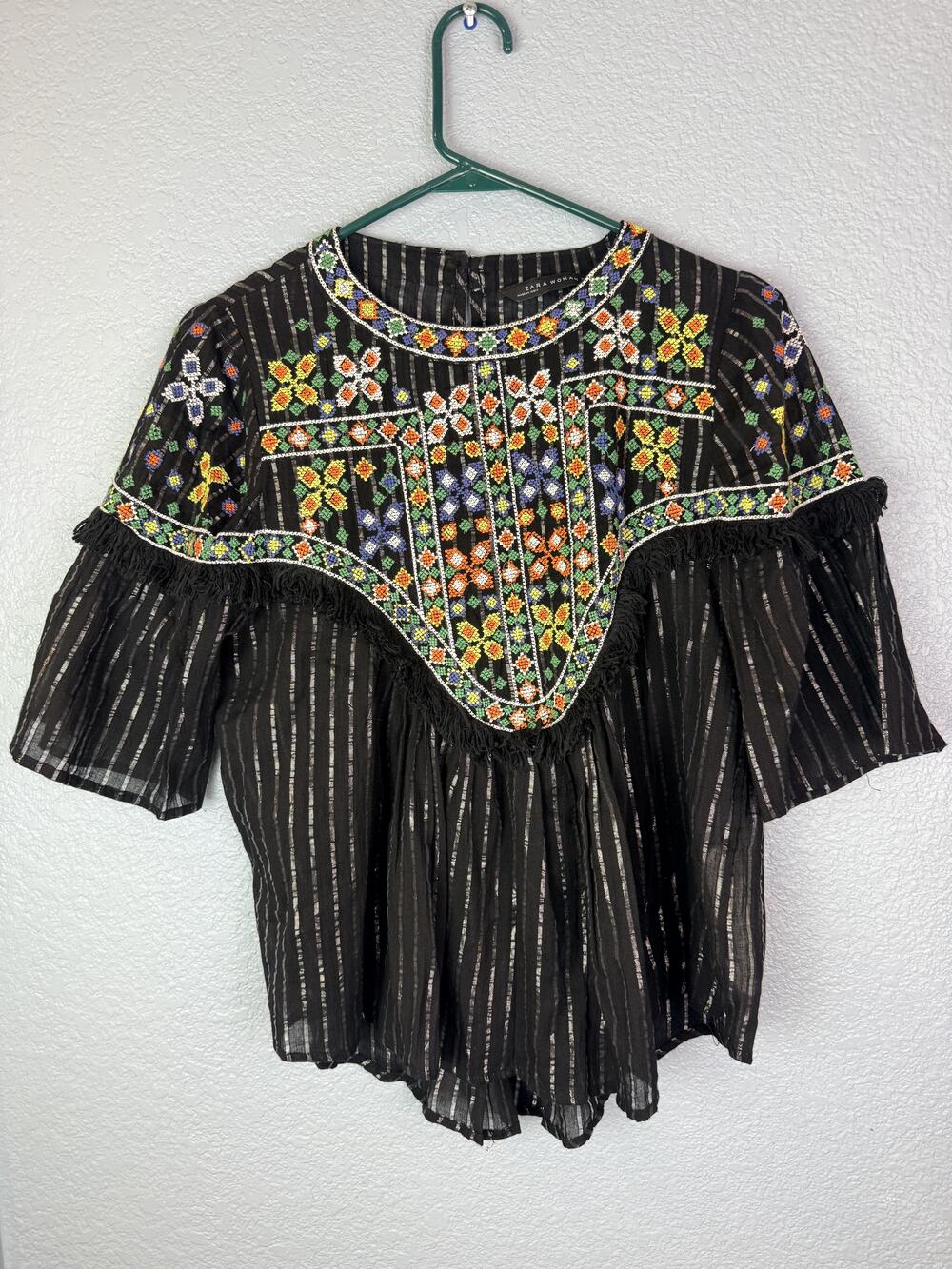 Zara Woman Blouse Womens Small Black Embroidered Fringe Flutter Sleeve Boho Top